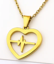 Polished gold-tone heart design accented with a heartbeat motif