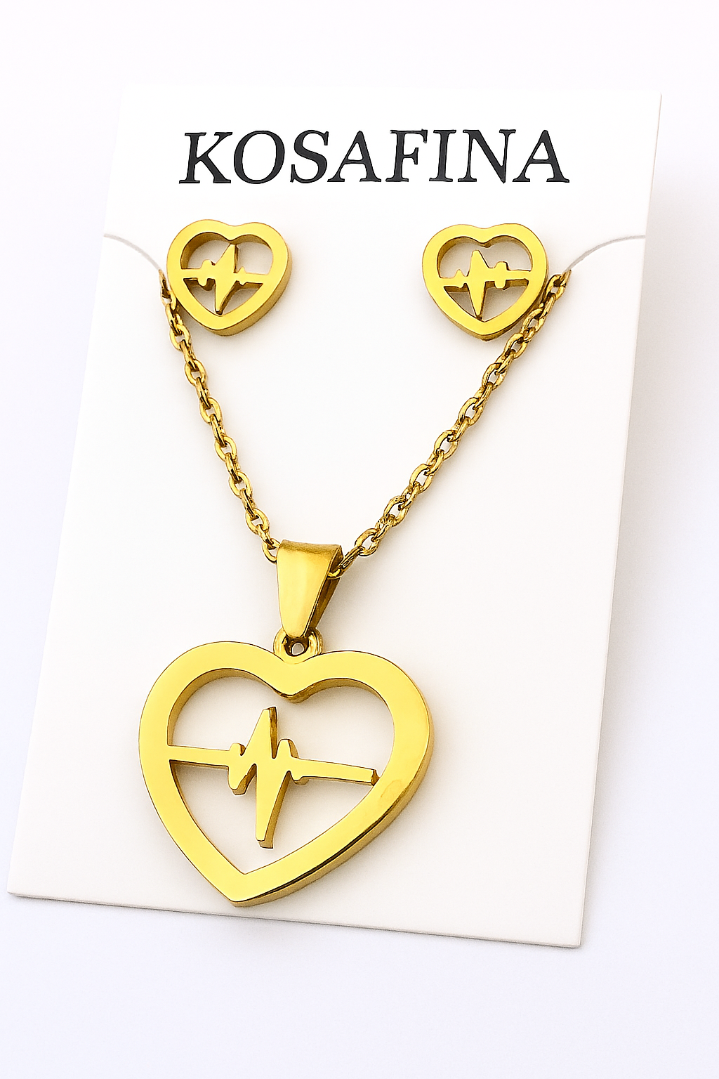 Polished gold-tone heart design accented with a heartbeat motif